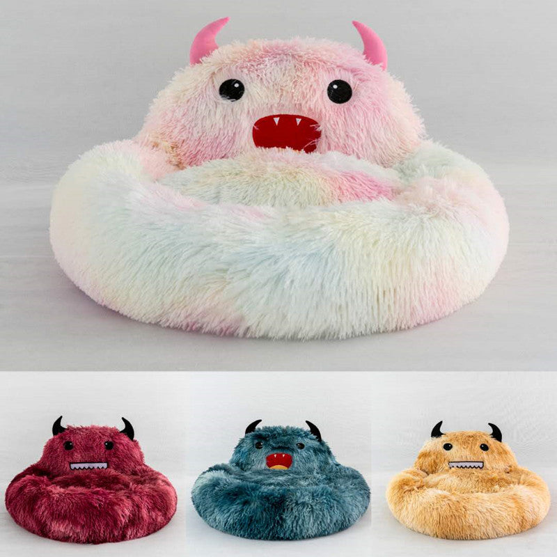 Cute Round Cat Bed Soft Long Plush Cartoon Animal Embroidery Nest Winter Warm Sleeping Mat - Firbly | Your Pet's Favorite Store 